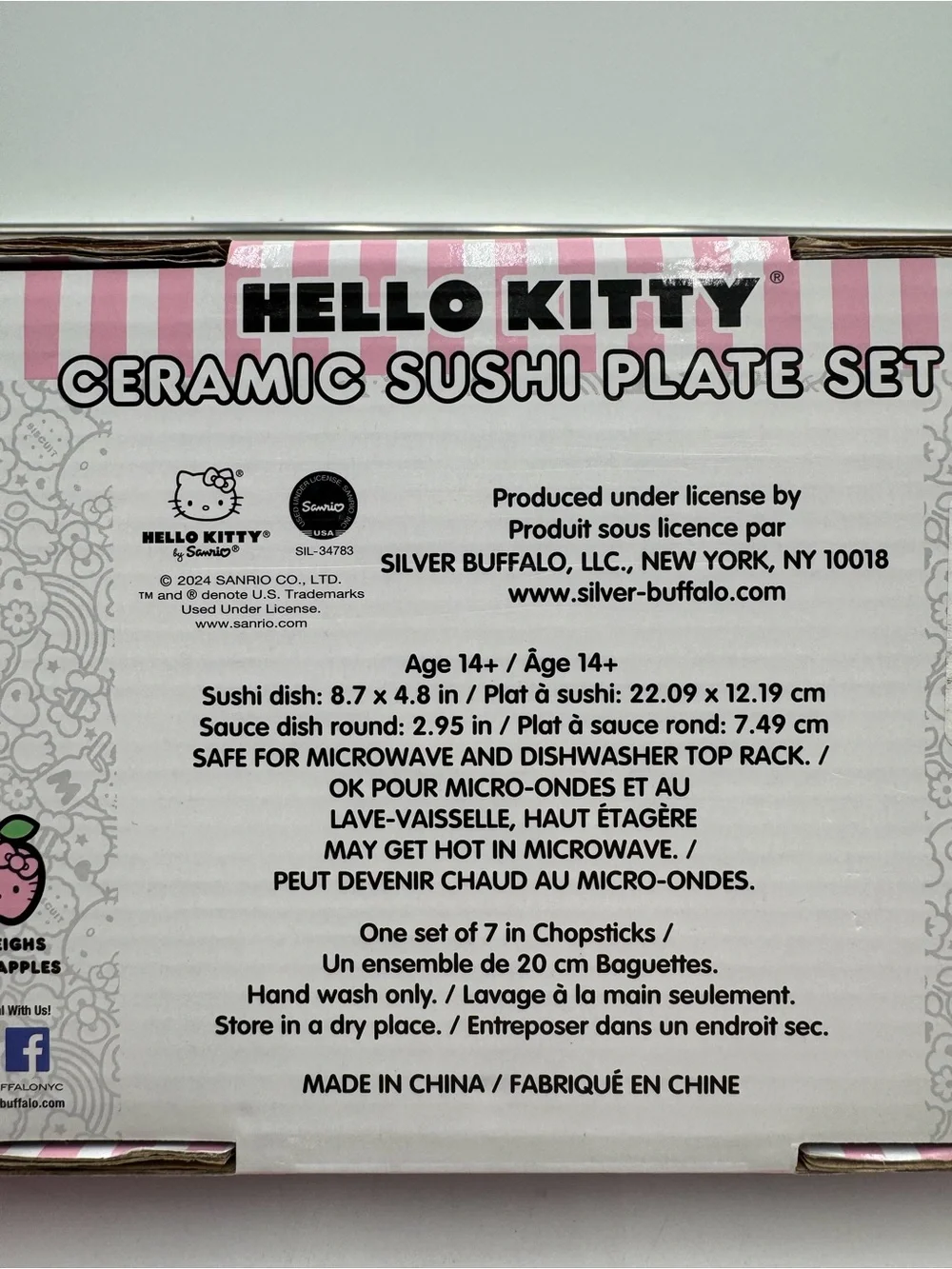 Hello Kitty Ceramic Sushi Plate Set NIB 2024 Sanrio Silver Buffalo Chopsticks